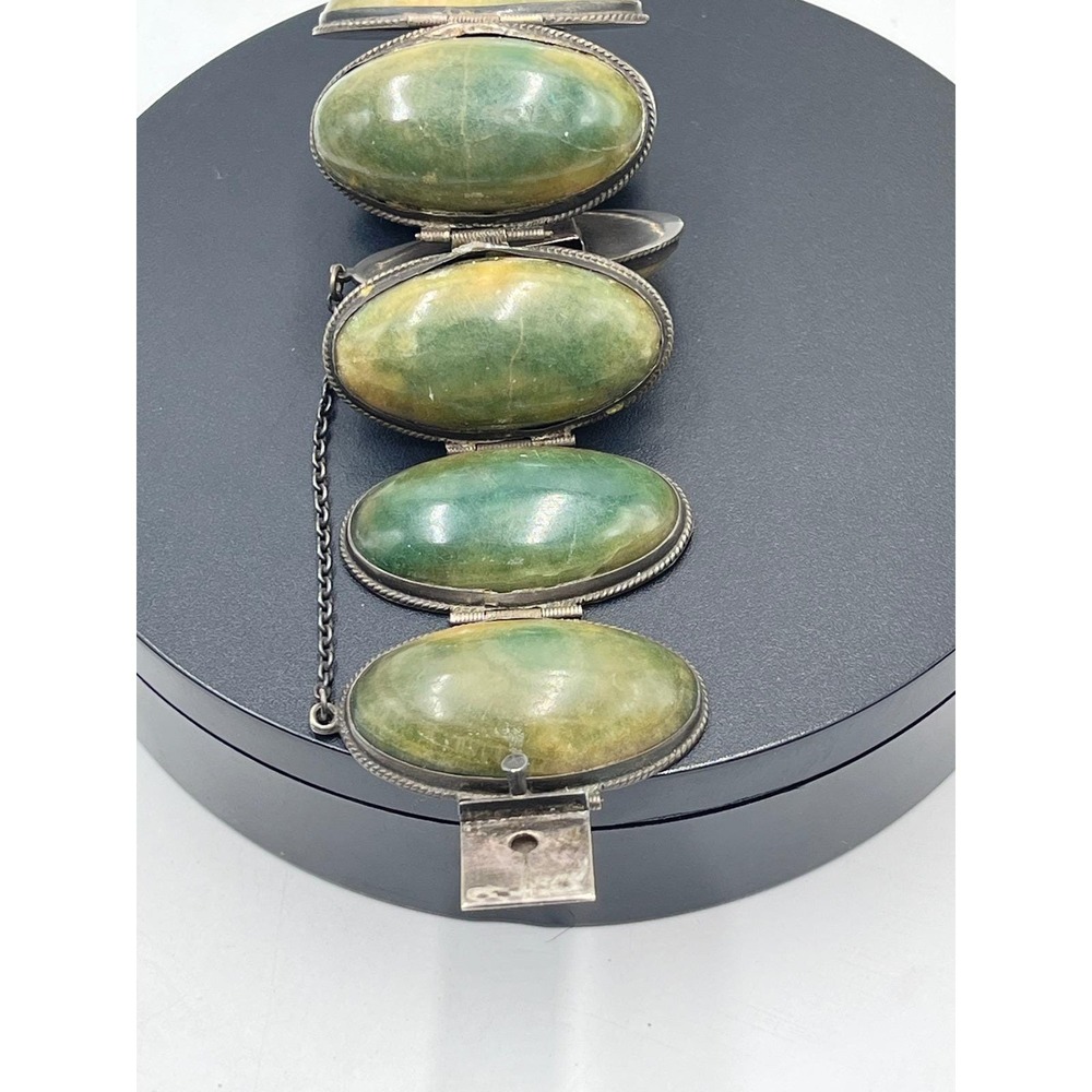 Vintage Mexico Silver Serpentine Cabochon Domed‎ Safety Chain Bracelet 125 gm